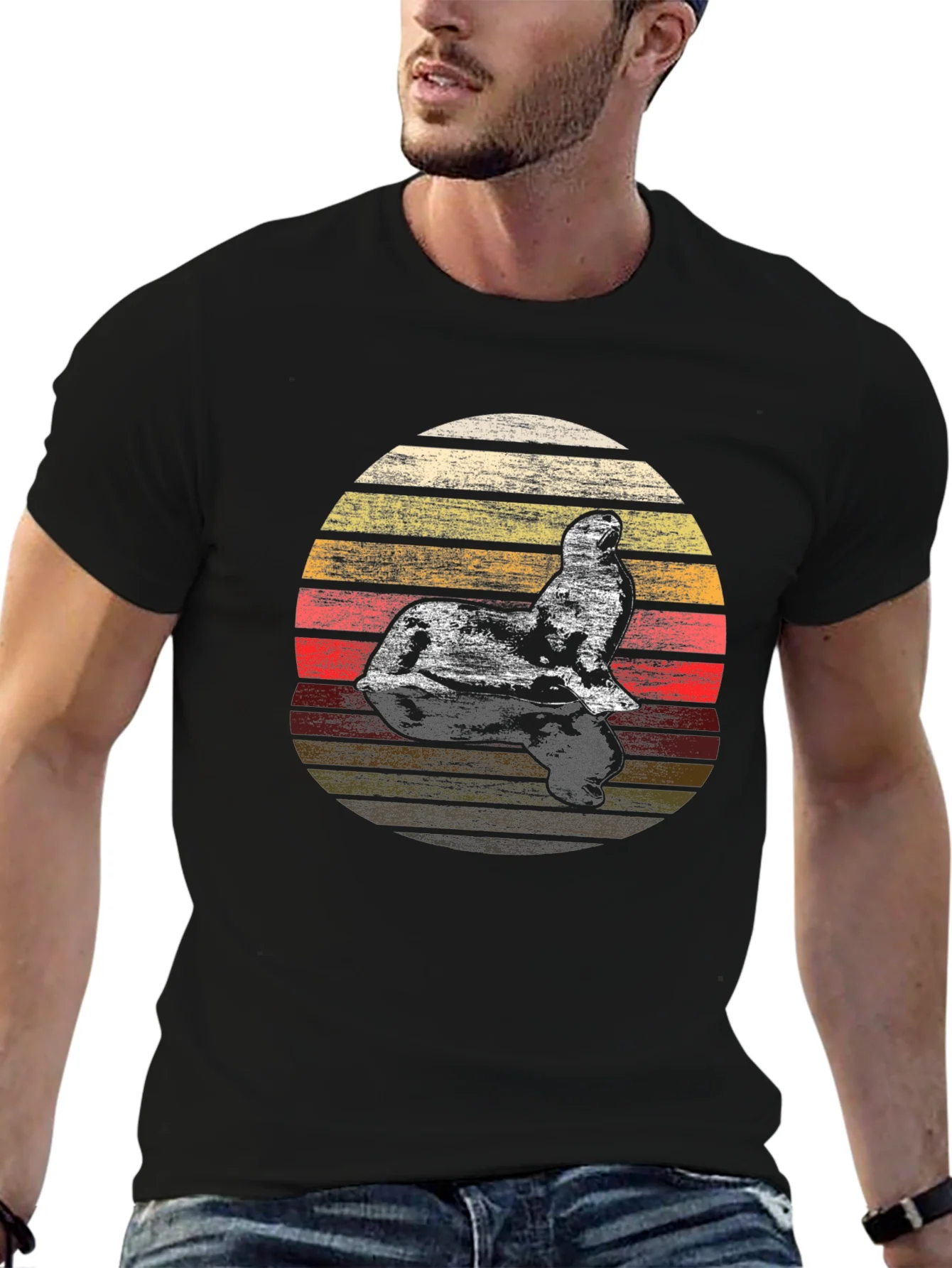 Retro Sunset Seal T-Shirt - Vintage Style Graphic Tee